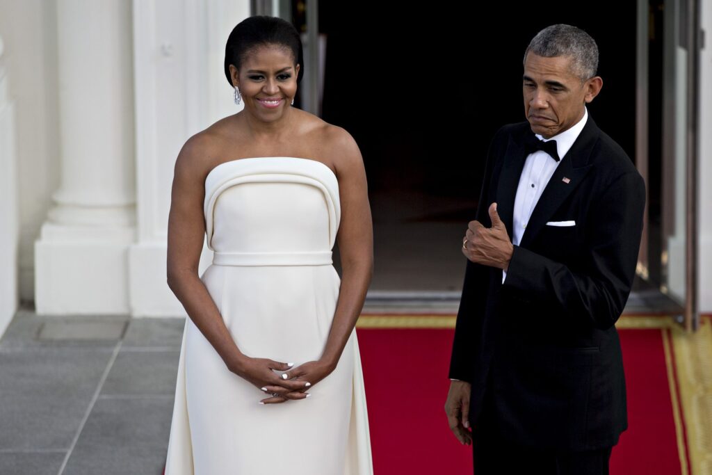 A Barack-approved Brandon Maxwell gown for dinner with Singapore Prime Minister Lee Hsien Loong and his wife Ho Ching in 2016.