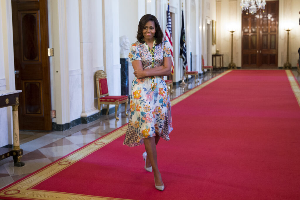 Duro Olowu’s joyful, mismatched florals are quintessential Michelle.