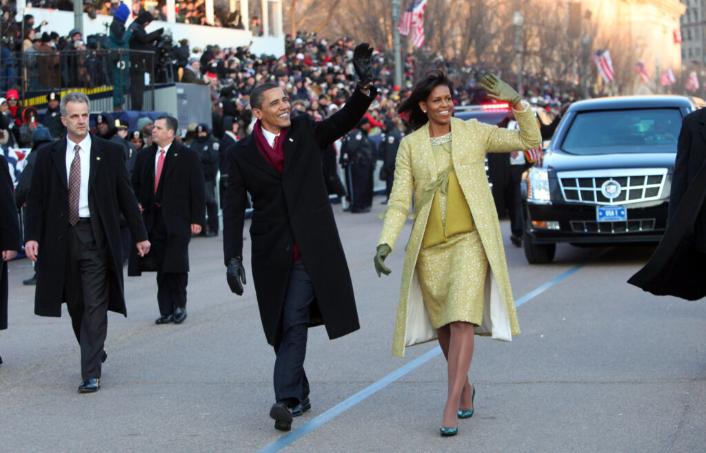 The not-so mellow yellow lace dress by Cuban-American designer Isabel Toledo for her husband’s Inauguration in 2009.