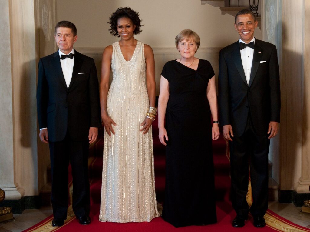 All shimmers in Naeem Khan for a State Dinner with German Chancellor Angela Merkel.