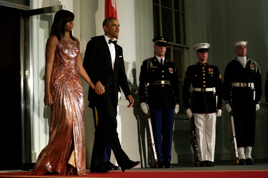 Chain reaction: red carpet-ready rose gold chainmail Versace for the Obamas final state dinner in Italy.